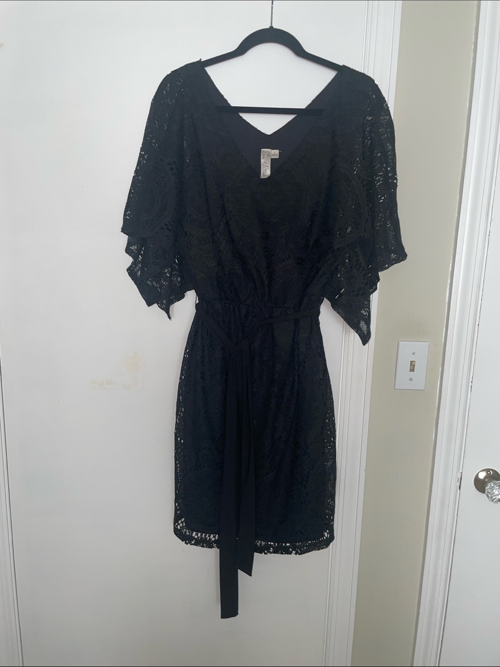 Black Lace V-Neck Tie-Waist Women's lined Dress